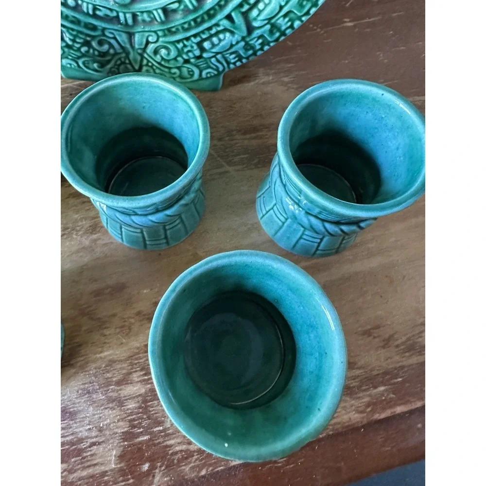 Vintage Aztec Sun Stone Turquoise Ceramic Decanter Set w/ 6 Cups